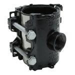 Black Easitap pipe tapping clamp with a threaded outlet and side bolts
