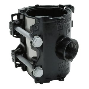 Black Easitap pipe tapping clamp with a threaded outlet and side bolts