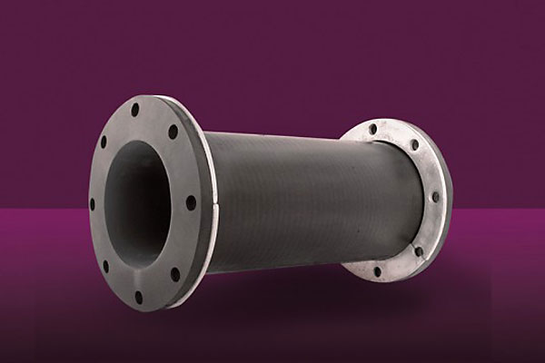 Black industrial rubber hose with metal flanged ends