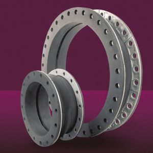 Two flexible rubber expansion joints with metal flanges in different sizes