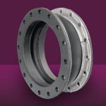 Flexible rubber expansion joint with metal flange rings featuring bolt holes around the circumference