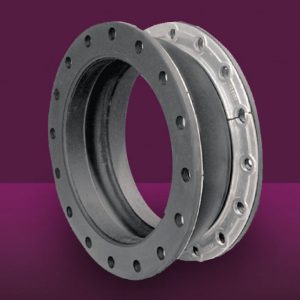 Flexible rubber expansion joint with metal flange rings featuring bolt holes around the circumference