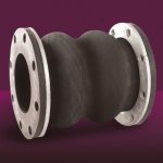 Black double sphere rubber expansion joint with metal flanges at both ends