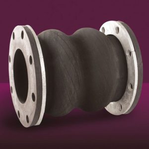 Black double sphere rubber expansion joint with metal flanges at both ends