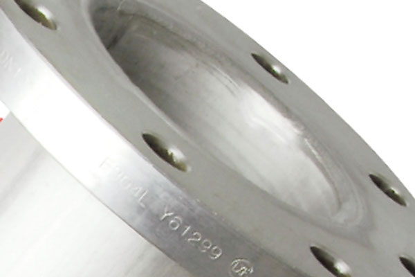 Close-up of a stainless steel pipe flange showing bolt holes and stamped marking F304L Y61299