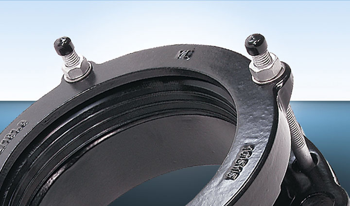 Heavy-duty black metal pipe coupling with threaded bolts and an internal rubber sealing gasket