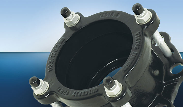 Black Viking Johnson QuickFit pipe coupling with bolted flanges and protective caps
