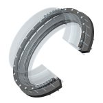 Cutaway view of a pipe flange spray shield showing internal seals, bolts and a clear protective casing