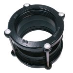 Black metal pipe coupling with silver securing bolts and internal sealing ring