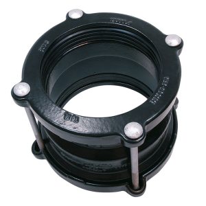 Black metal pipe coupling with silver securing bolts and internal sealing ring
