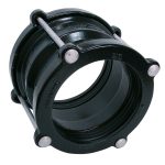 Black mechanical pipe coupling with metal bolts and inner rubber seals
