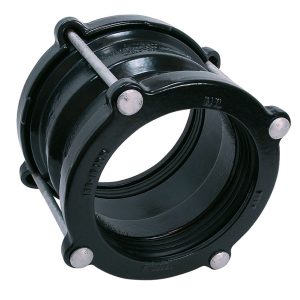 Black mechanical pipe coupling with metal bolts and inner rubber seals