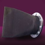 Black rubber duckbill check valve with a bolted circular metal flange