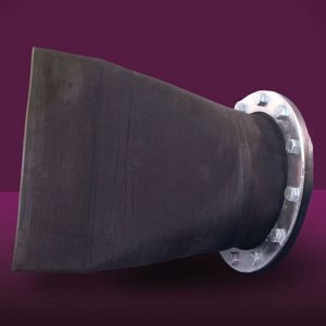 Black rubber duckbill check valve with a bolted circular metal flange