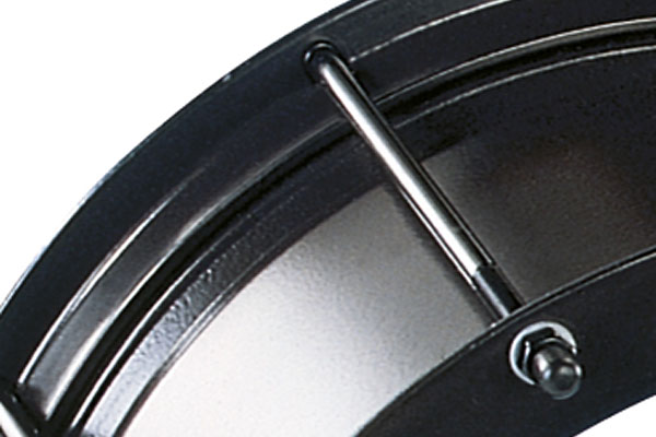 Close-up detail of a curved black metal light casing with a silver retaining pin and bolt