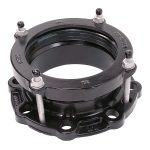 Black metal mechanical flange adaptor with four vertical threaded studs and nuts