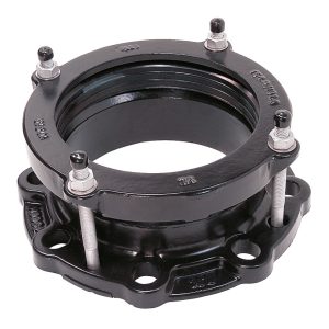 Black metal mechanical flange adaptor with four vertical threaded studs and nuts