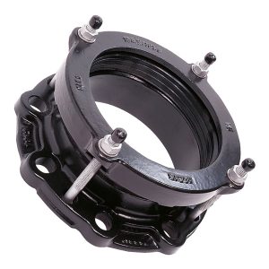 Black mechanical pipe flange adaptor with threaded bolts and nuts
