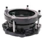 Black metal flanged pipe adaptor with four threaded restraint bolts