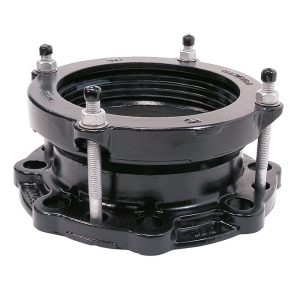 Black metal flanged pipe adaptor with four threaded restraint bolts