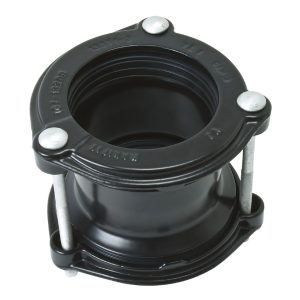 Black mechanical pipe coupling with three securing bolts