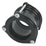 Black metal pipe coupling collar with silver bolts