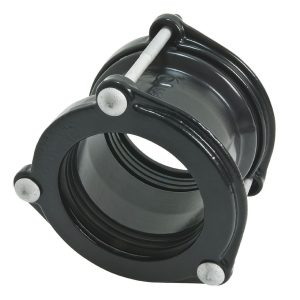 Black metal pipe coupling collar with silver bolts