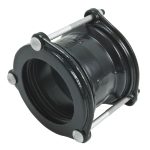 Black metal pipe coupling with threaded steel bolts