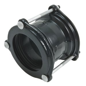 Black metal pipe coupling with threaded steel bolts