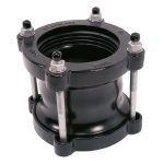 Black mechanical pipe coupling with four vertical threaded bolts