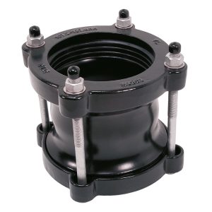Black mechanical pipe coupling with four vertical threaded bolts