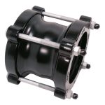 Black mechanical pipe coupling with silver threaded tie bolts