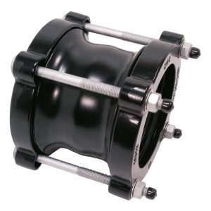 Black mechanical pipe coupling with silver threaded tie bolts