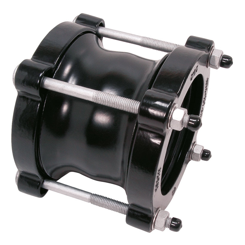 Black mechanical pipe coupling with silver threaded tie bolts