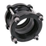 Black mechanical pipe coupling with four securing bolts and nuts