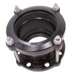 Black heavy-duty mechanical pipe coupling with silver bolts and flanged end