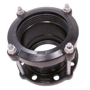 Black heavy-duty mechanical pipe coupling with silver bolts and flanged end