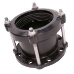 Black metal flanged pipe coupling with four threaded securing bolts