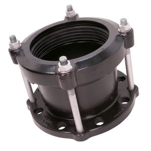 Black metal flanged pipe coupling with four threaded securing bolts