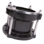 Black metal pipe flange adaptor with four long silver tie bolts