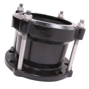 Black metal pipe flange adaptor with four long silver tie bolts