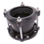 Black metal pipe flange adaptor with four long connecting bolts and nuts