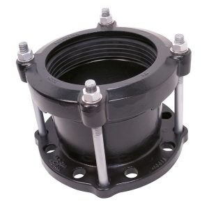 Black metal pipe flange adaptor with four long connecting bolts and nuts
