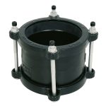 Black Viking Johnson QuickFit pipe coupling with four vertical bolts