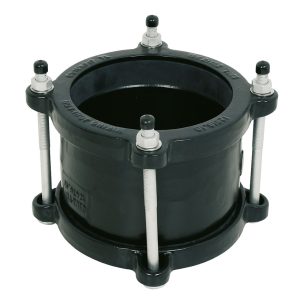Black Viking Johnson QuickFit pipe coupling with four vertical bolts