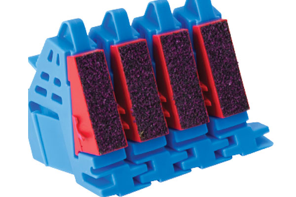 Four connected blue plastic holders with red frames and dark purple felt ink pads