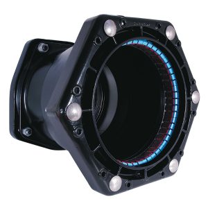 Black mechanical pipe flange adapter with bolted hexagonal face and segmented blue internal gripping ring