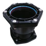 Black mechanical pipe coupling featuring an internal segmented grip ring and bolted flange