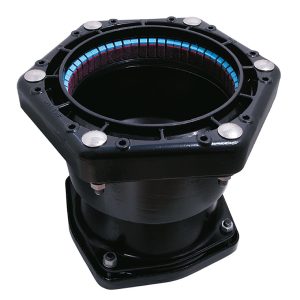 Black mechanical pipe coupling featuring an internal segmented grip ring and bolted flange