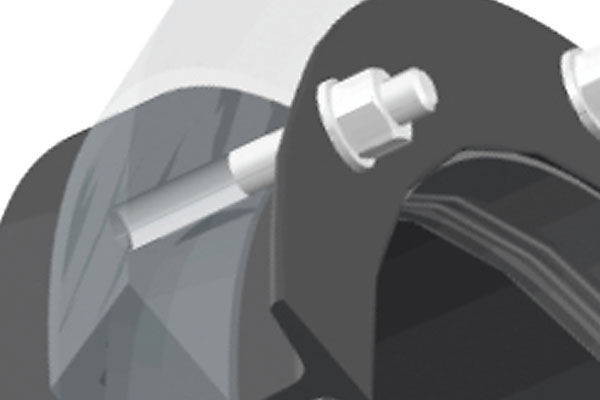 Close-up diagram of a bolt and nut securing a dark metal bracket to a curved component